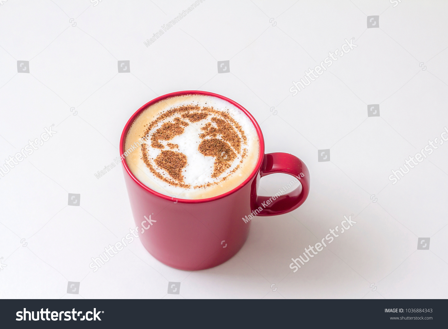 day of the earth red cappuccino cup with a drawing of the planet earth on milk foam #1036884343