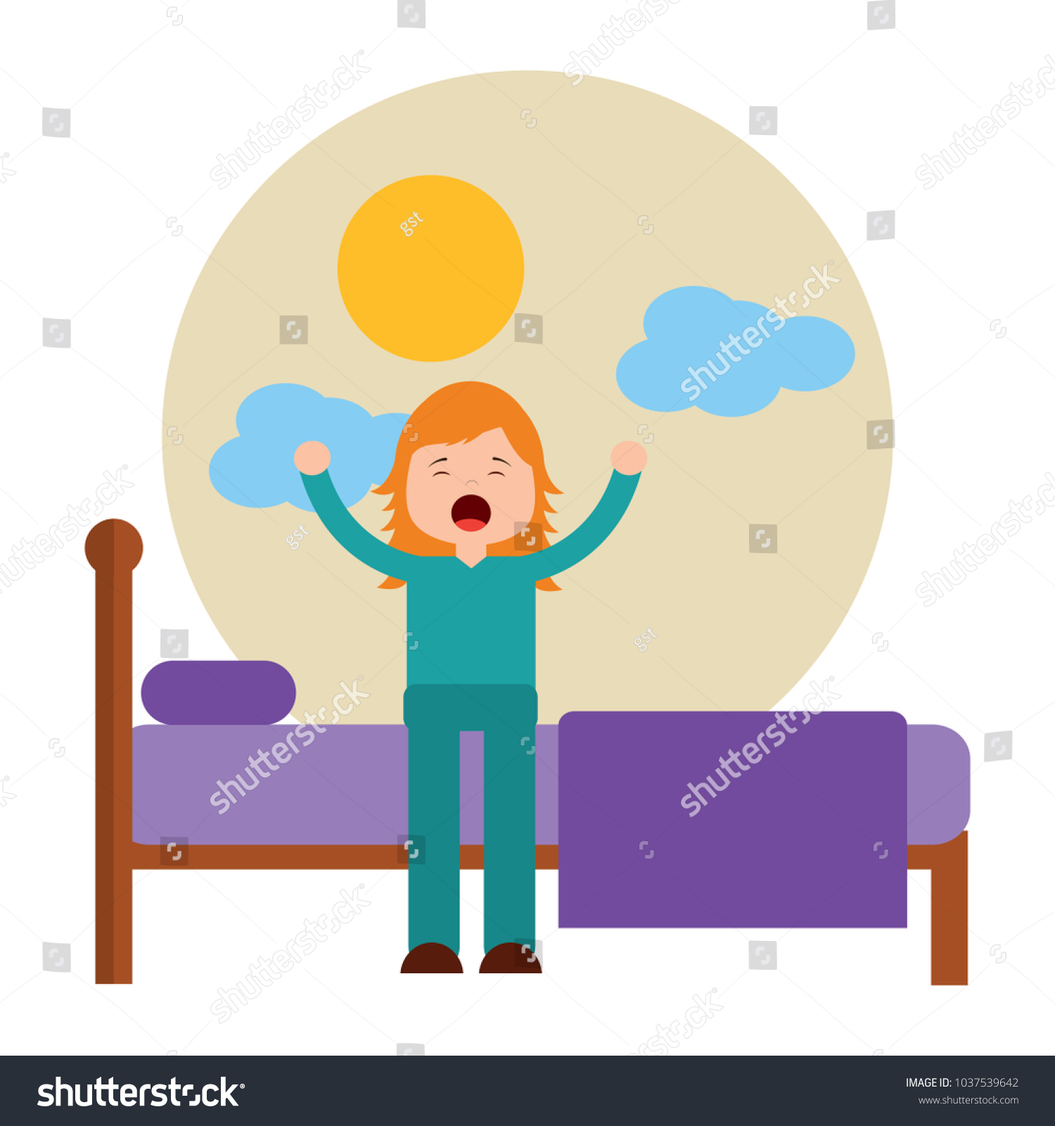 young girl sitting in bed stretching waking up - Royalty Free Stock ...