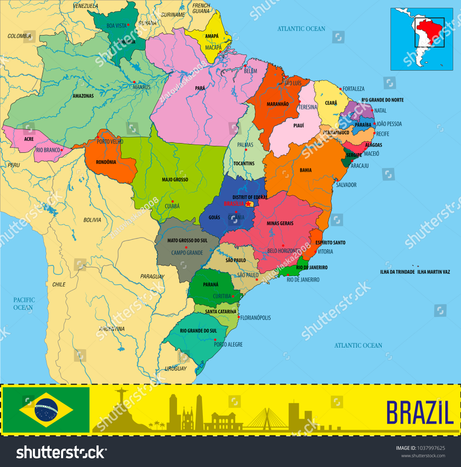 Political Map Of Brazil With Regions And Their - Royalty Free Stock ...