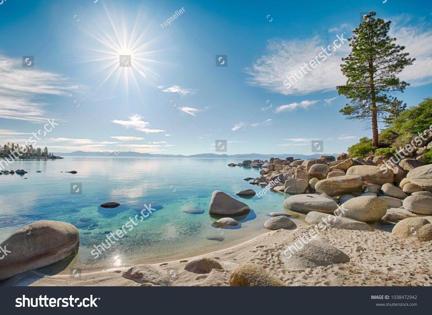 Lake Tahoe east shore beach, calm turquoise water in sunny day  #1038472942