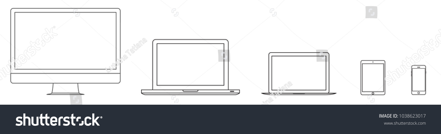 Mockup gadget and device outline icons set on the white background. Vector illustration. Laptop, tablet, smartphone and computer Set of outline #1038623017