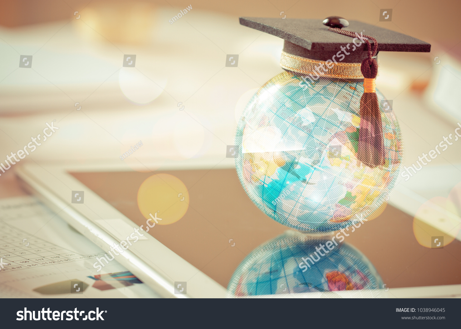 Graduated study abroad international Conceptual, Graduation hat on top Earth globe model map with Radar background. Congratulations to graduates, Studies lead to success in world wide. Back to School #1038946045
