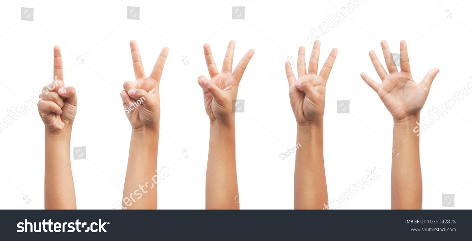 Little kid showing one to five fingers count signs isolated on white background with Clipping path included. Communication gestures concept #1039042828