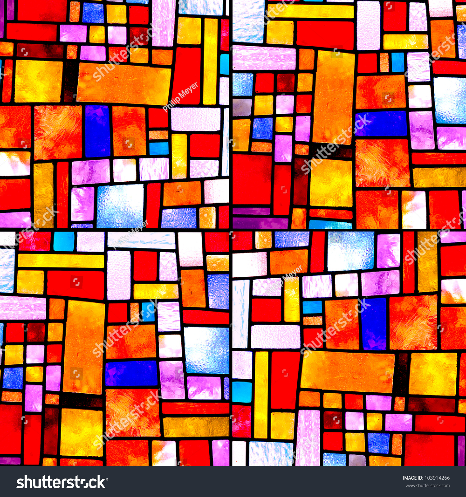 Image of a multicolored stained glass window with irregular random block pattern, square format #103914266