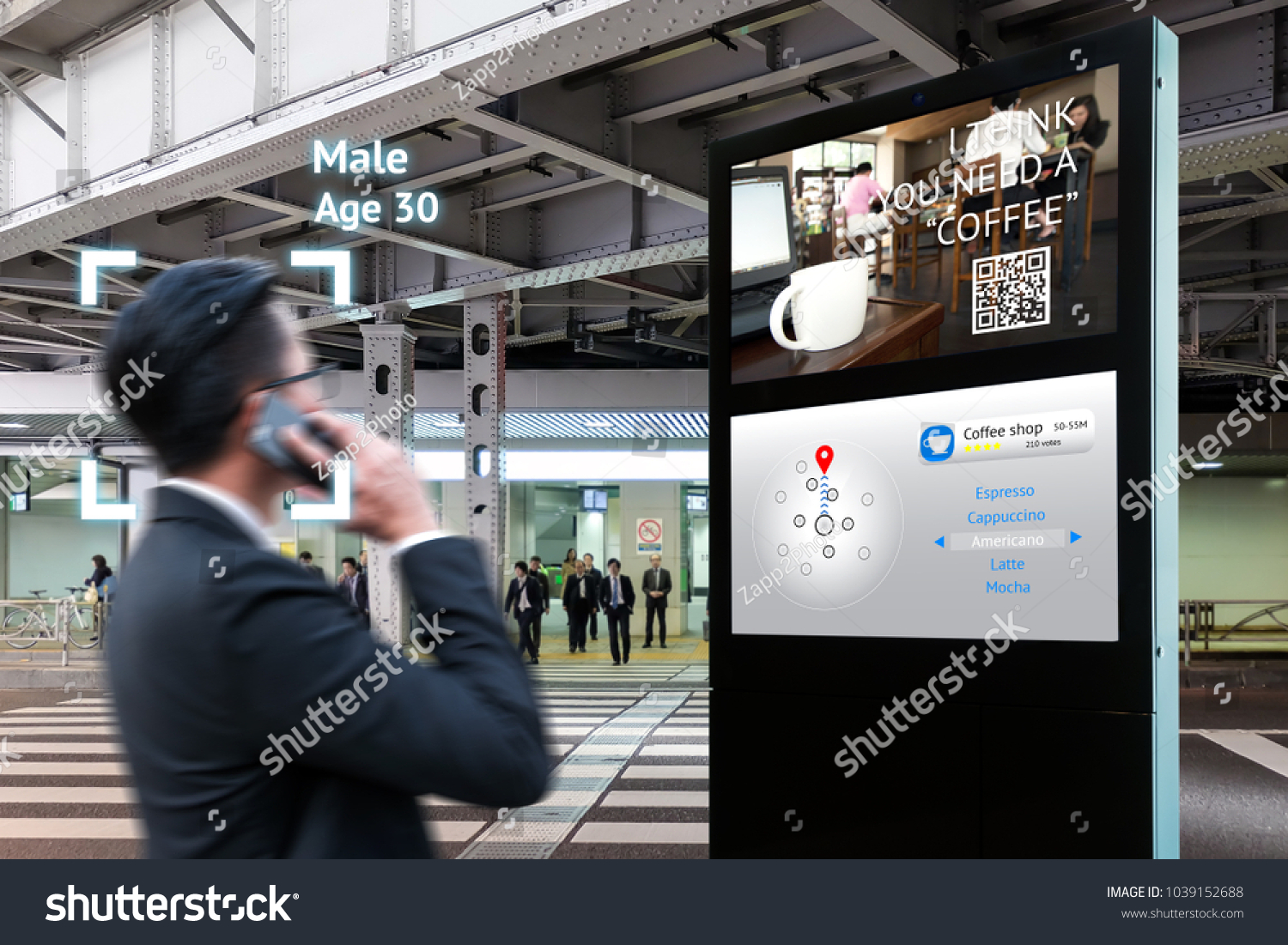Intelligent Digital Signage , Augmented reality marketing and face recognition concept. Interactive artificial intelligence digital advertisement navigator direction for retail coffee shop. #1039152688