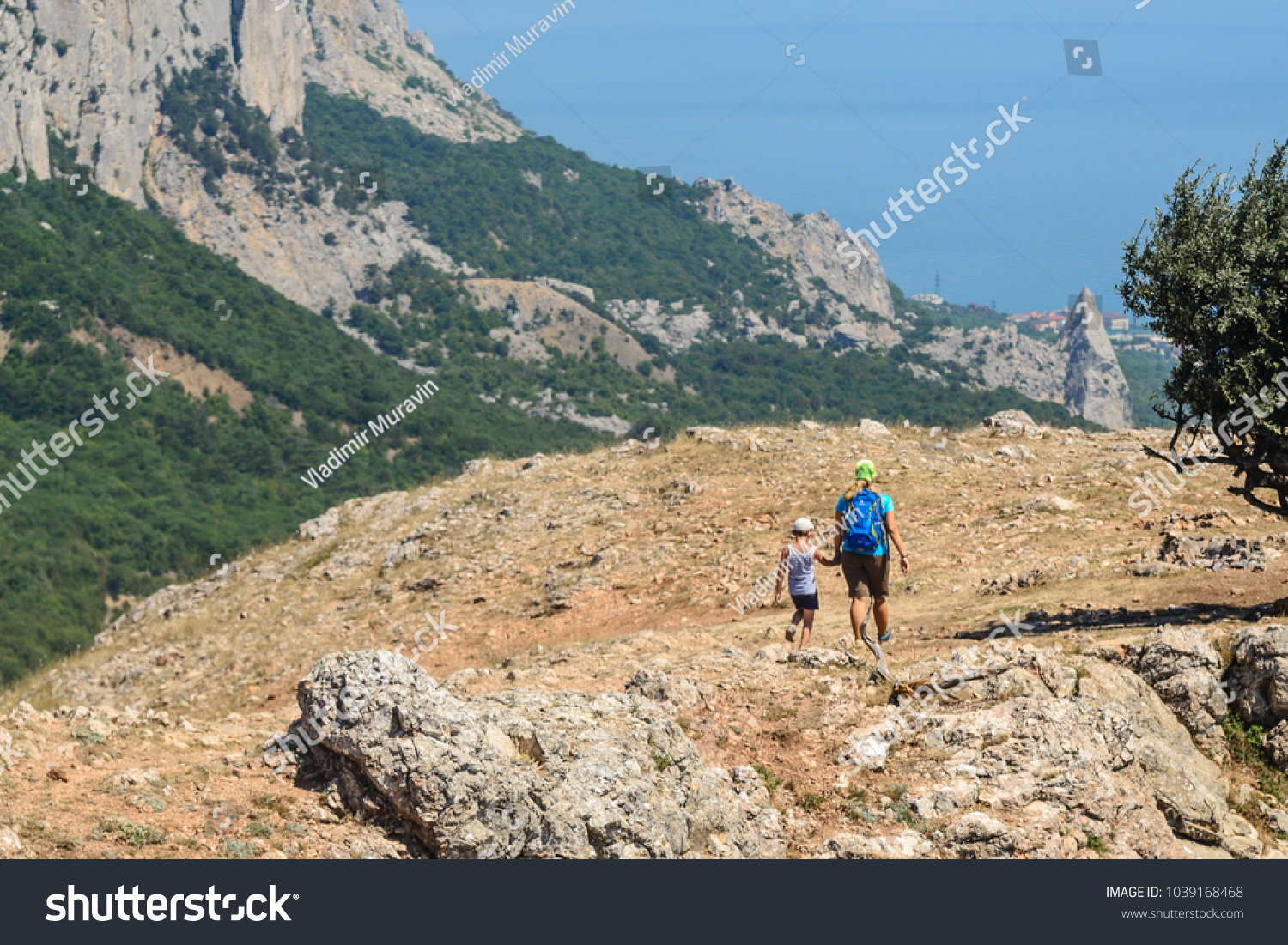 Girl and baby holding hands walking on top of a mountain, view from the back #1039168468