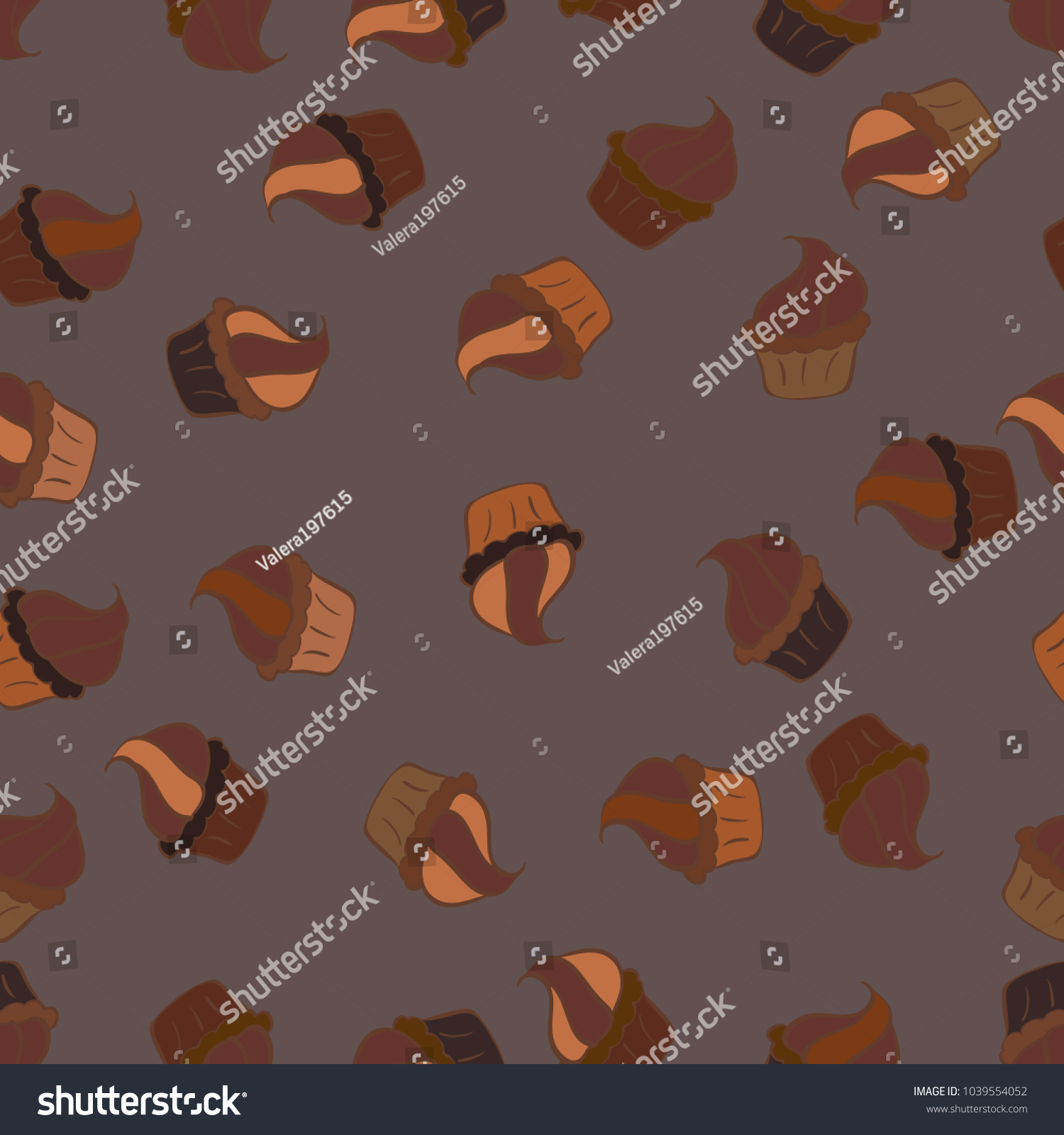 Vector illustration. Seamless bright birthday pattern on brown, purple and orange. Wrapping paper. Cake, cap, cone. #1039554052