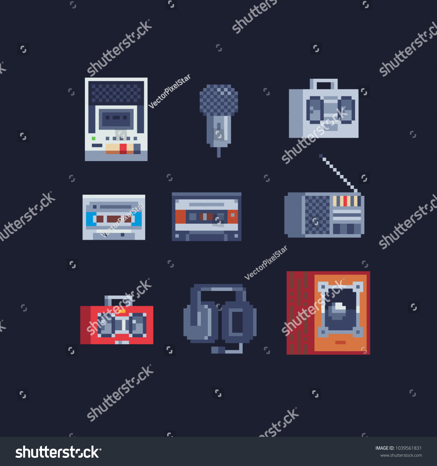 Retro Pixel Art 80s Style Music Icons Set. - Royalty Free Stock Vector 