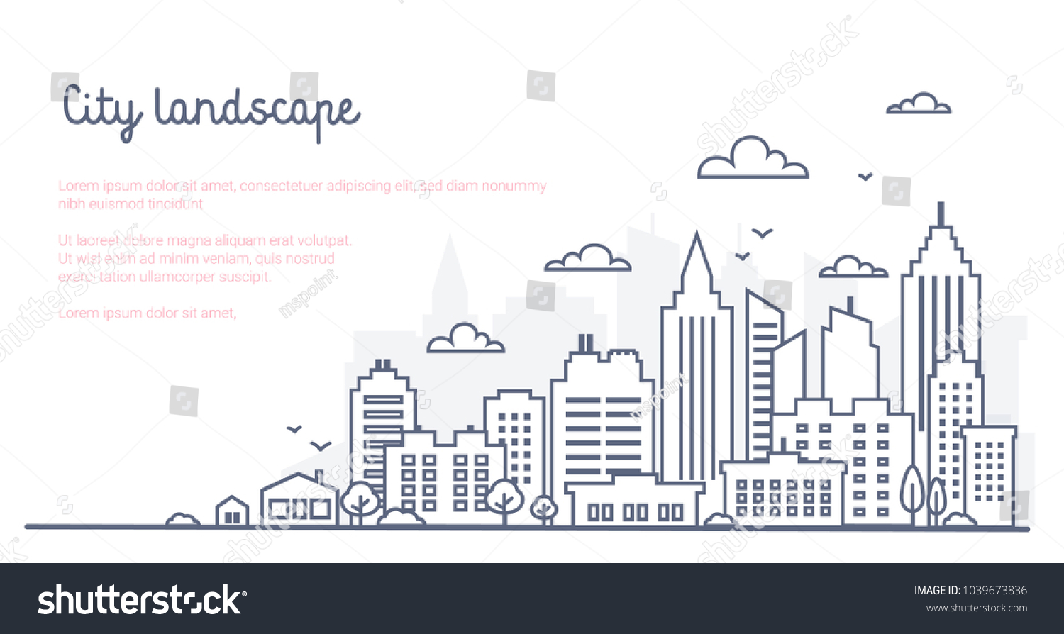 City landscape template. Thin line City landscape. Downtown landscape with high skyscrapers. Panorama architecture Goverment buildings Isolated outline illustration. Urban life Vector illustration #1039673836