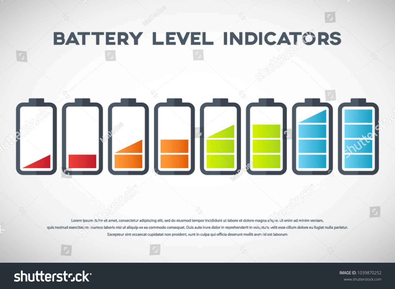 Illustration of battery level indicators. Battery life, accumulator, battery running low, battery recharging vector. #1039870252