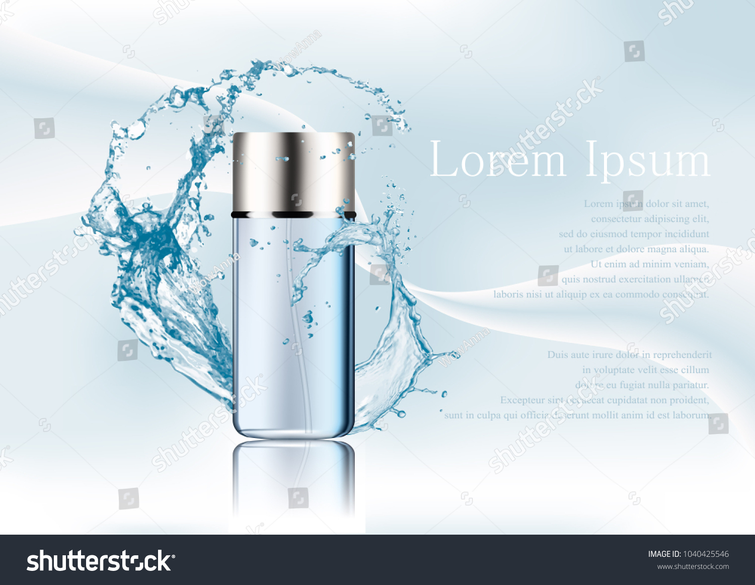 Advertising magazine page,Splash of water,realistic transparent blue glass package for cosmetic products tube,perfume flacon,with text on an abstract stylish gradient background.Vector illustration. #1040425546