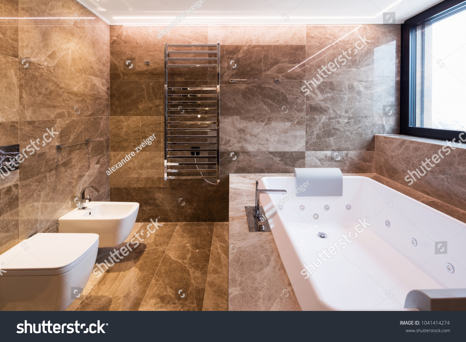 Luxurious marble bathroom with hydromassage for two people. Nobody inside #1041414274
