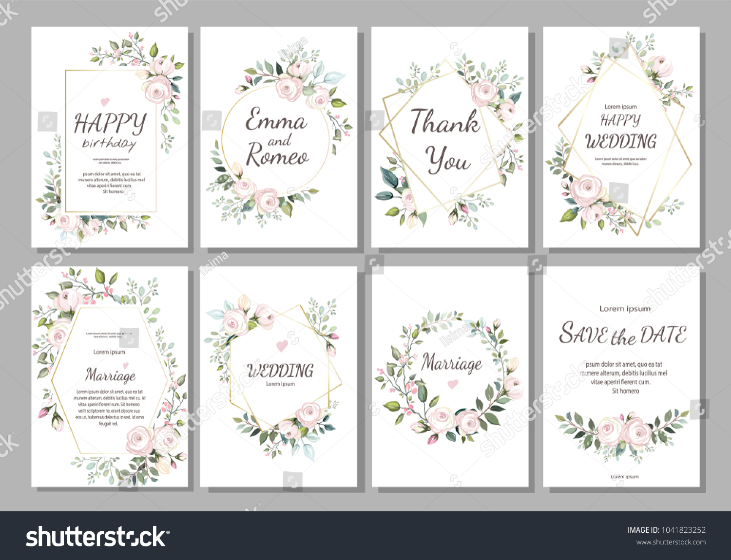 Set of card with flower rose, leaves and geometrical frame. Wedding ornament concept. Floral poster, invite. Vector decorative greeting card, invitation design background #1041823252