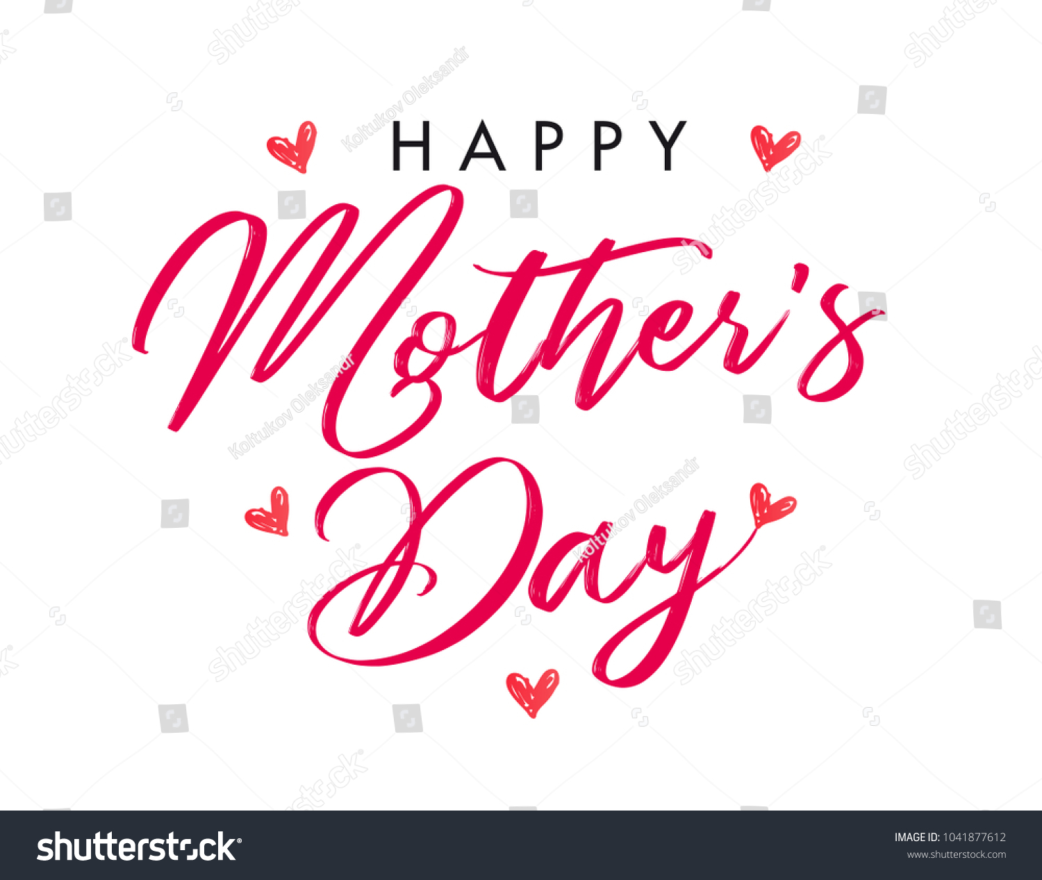 Calligraphy Happy Mother`s Day hearts banner. Mothers Day greeting card template with typography text happy mother`s day and red hearts on background. Vector illustration #1041877612