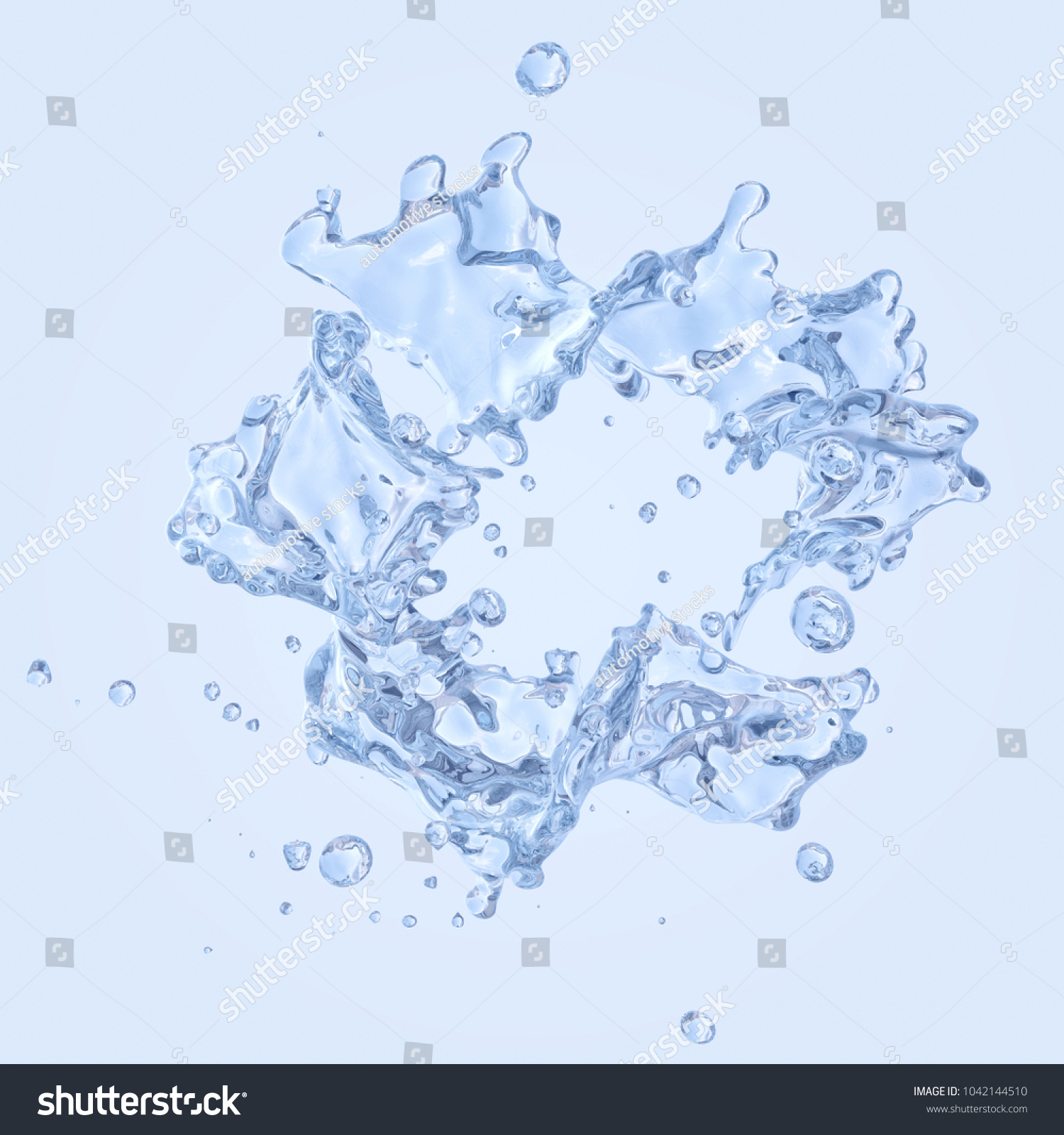 Water splash with water droplets in the form of ring isolated on light background. 3D illustration #1042144510