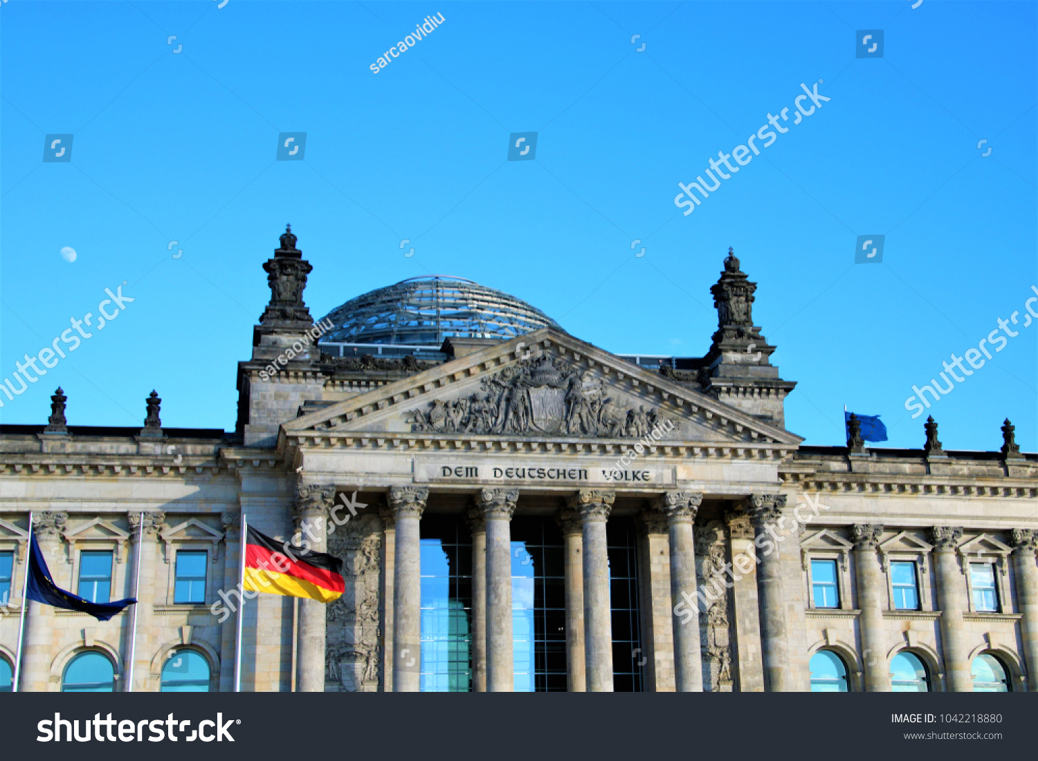 Bundestag facade, flag and moon #1042218880