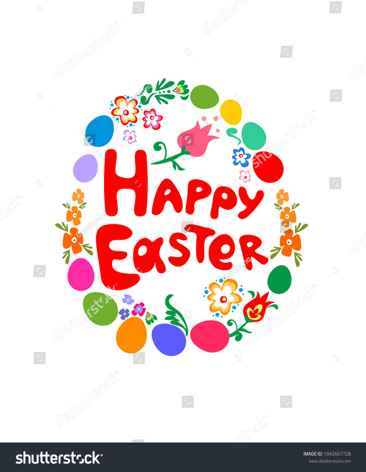 Easter greeting childish card with happy easter hand drawing lettering colorful egg #1042667728