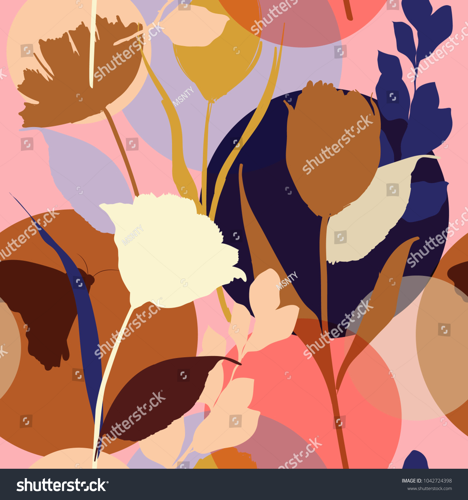 Colorful and bright summer Silhouette Abstract seamless pattern with leaves and flowers Background with florals vector on modern style. #1042724398
