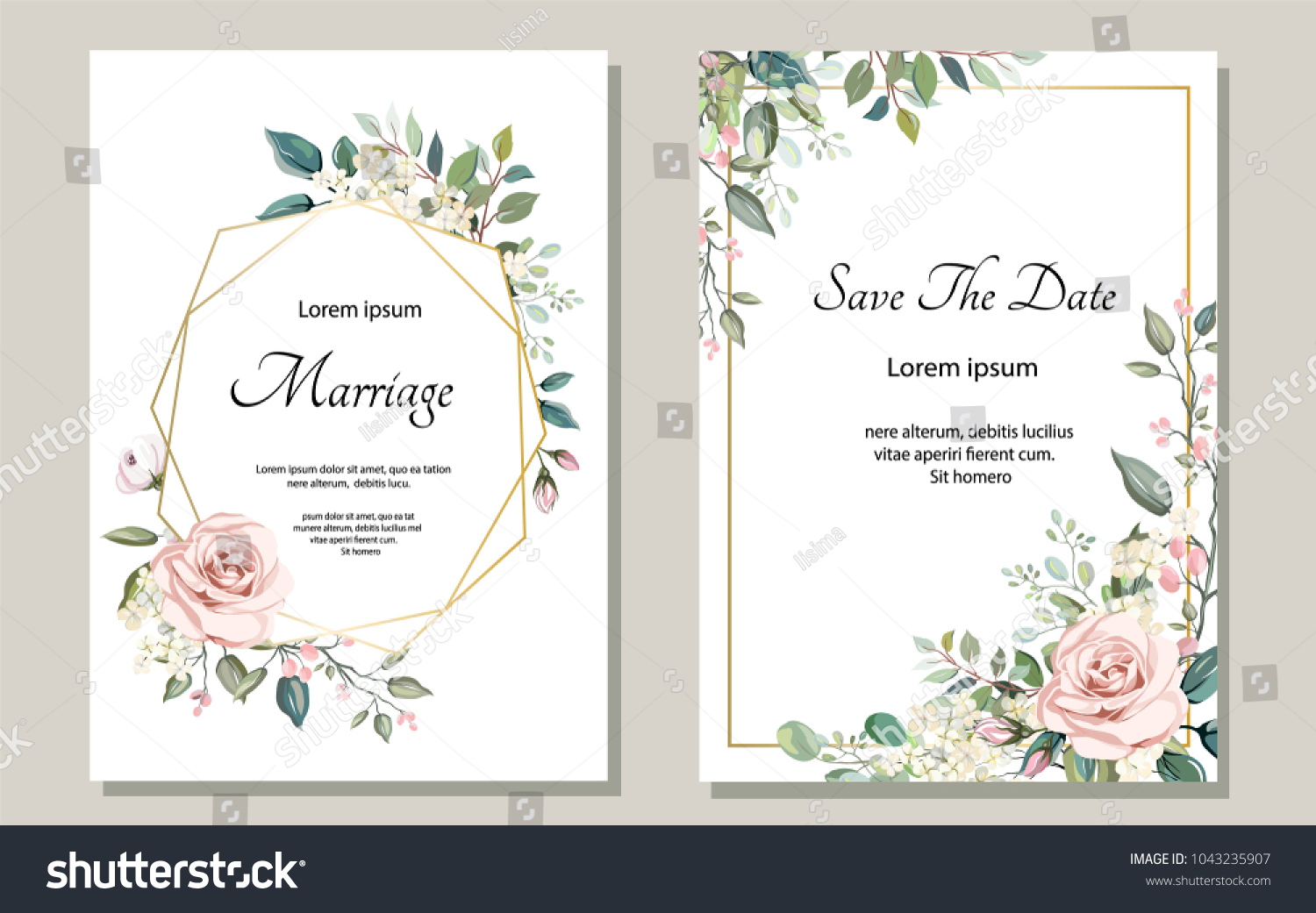 Set of card with flower rose, leaves. Wedding ornament concept. Floral poster, invite. Vector decorative greeting card or invitation design background #1043235907