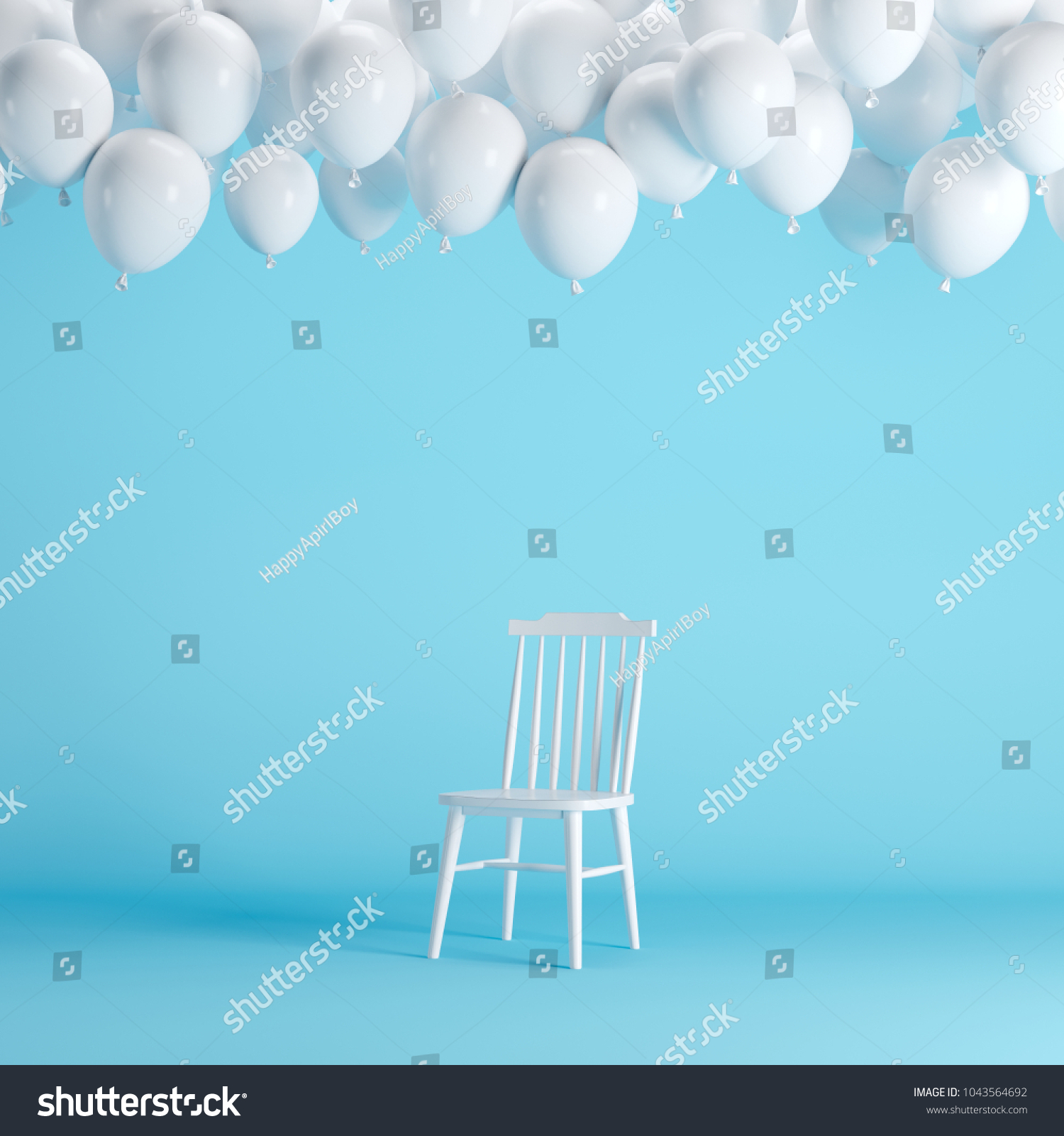 White chair with floating white balloons in blue background room studio. minimal idea creative concept. #1043564692