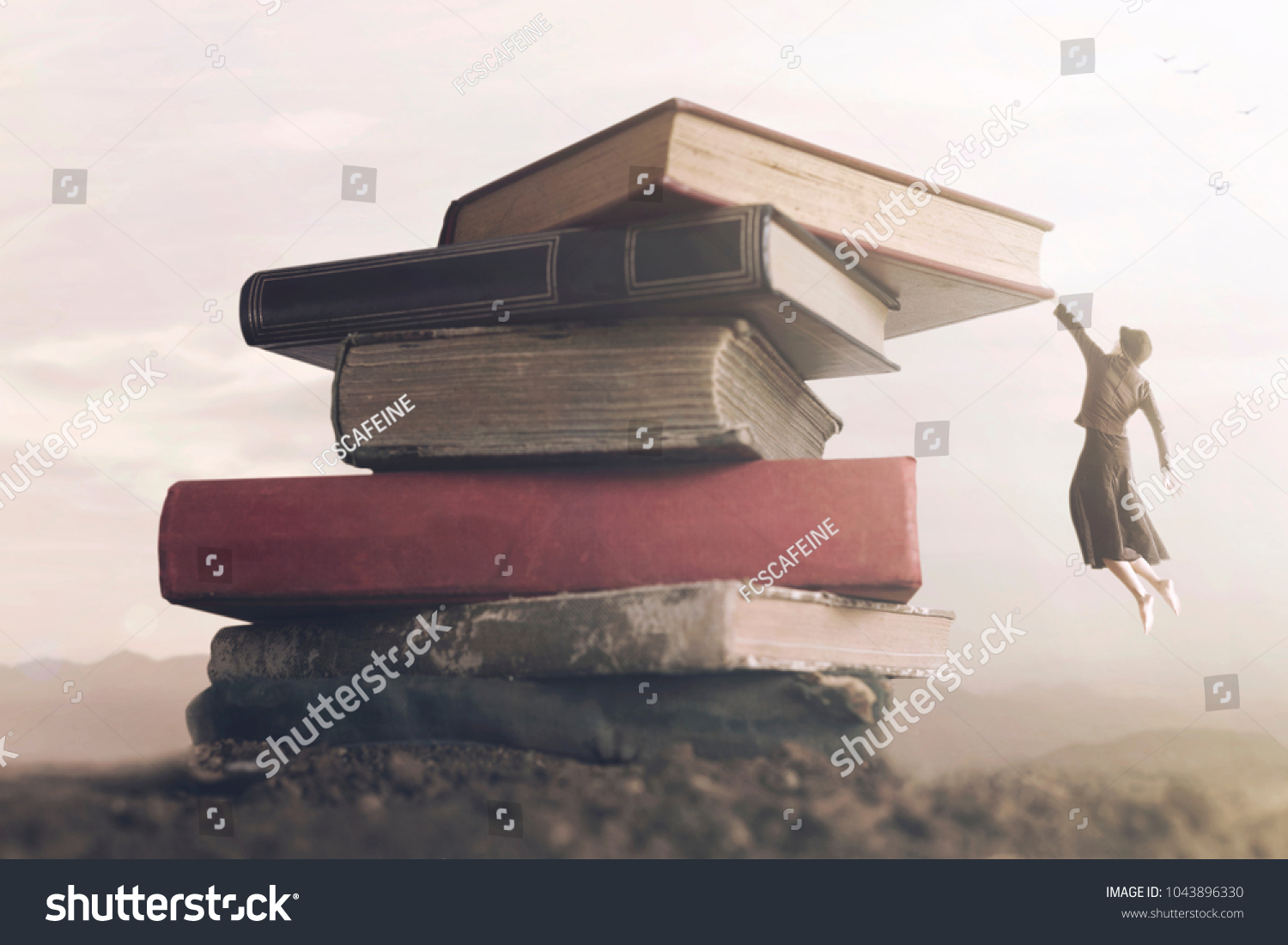 conceptual image a brave woman climbing a pile of books to reach the top #1043896330