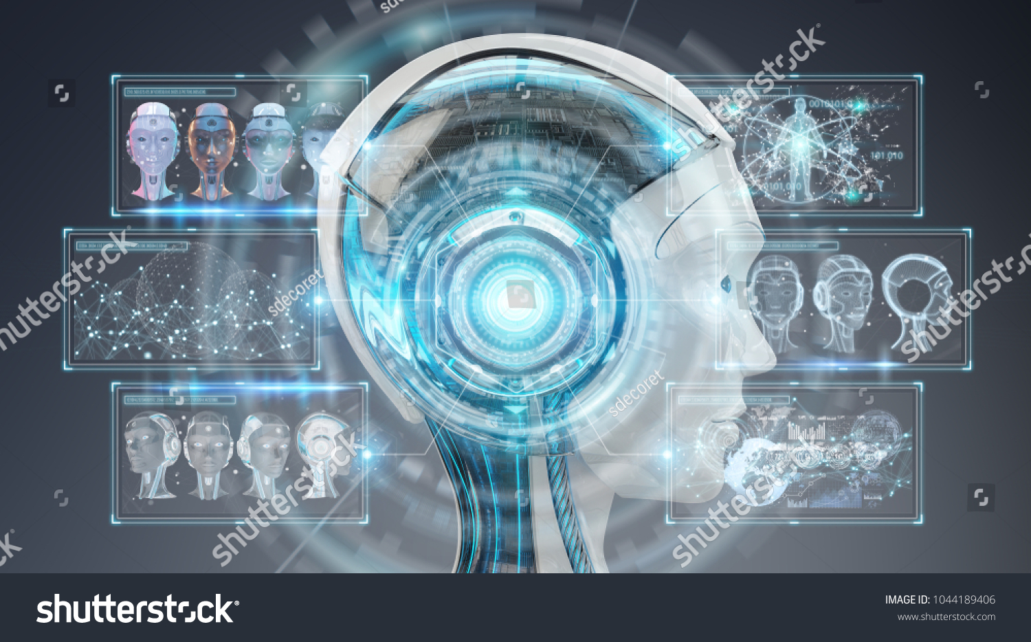 Digital artificial intelligence cyborg interface isolated on grey background 3D rendering #1044189406