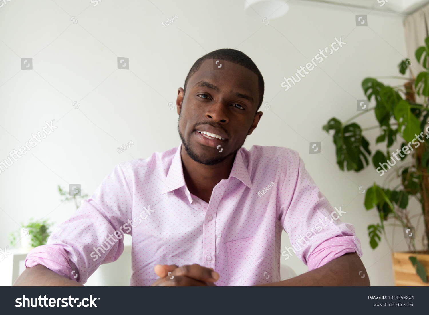 African-american man talking looking at camera, black man vacancy candidate making video call for distance job interview, dark-skinned vlogger recording videoblog, view from webcam, headshot portrait #1044298804