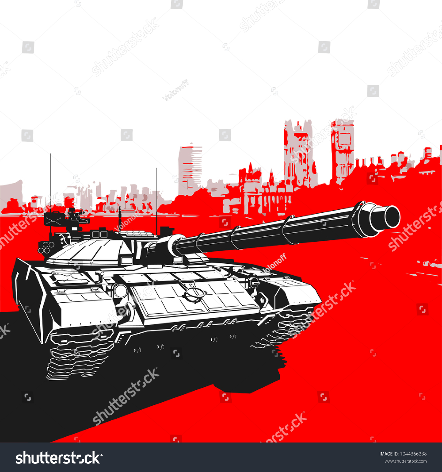 Design banner Illustration with main battle tank Isolated on red background. 
 #1044366238