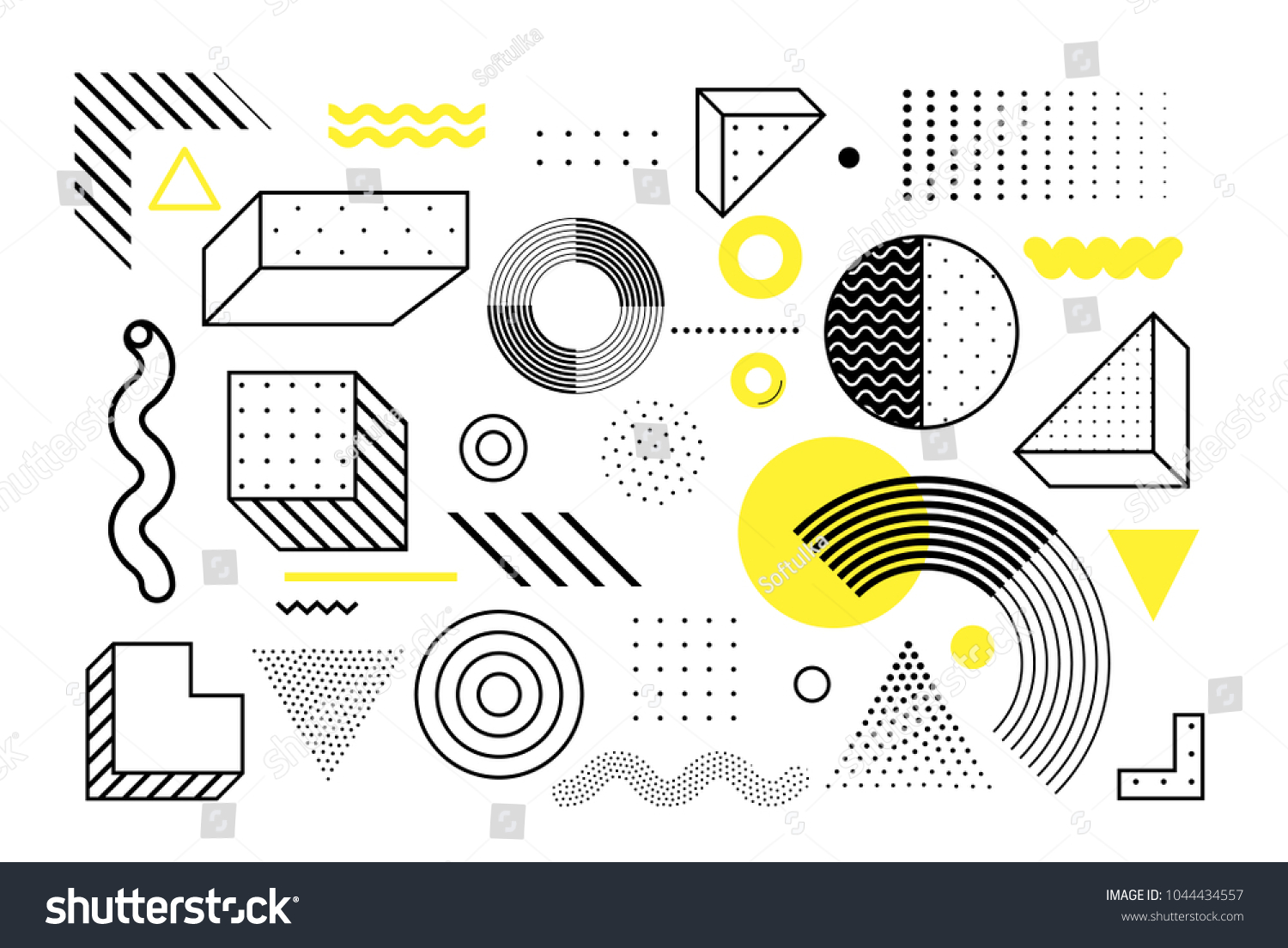 Universal trend halftone geometric shapes set juxtaposed with bright bold yellow elements composition. Design elements for Magazine, leaflet, billboard, sale #1044434557