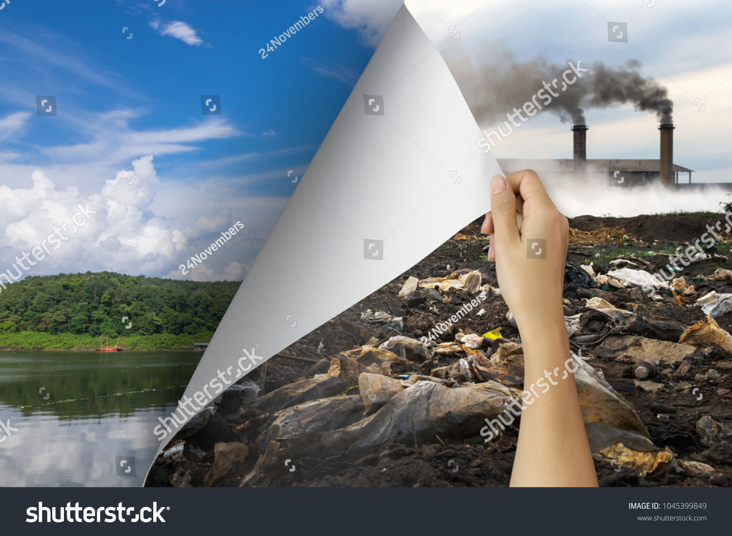 Change concept, Woman hand turning pollution page revealing nature landscape, changing reality, hope inspiration to environmental protection and environmental campaign. #1045399849