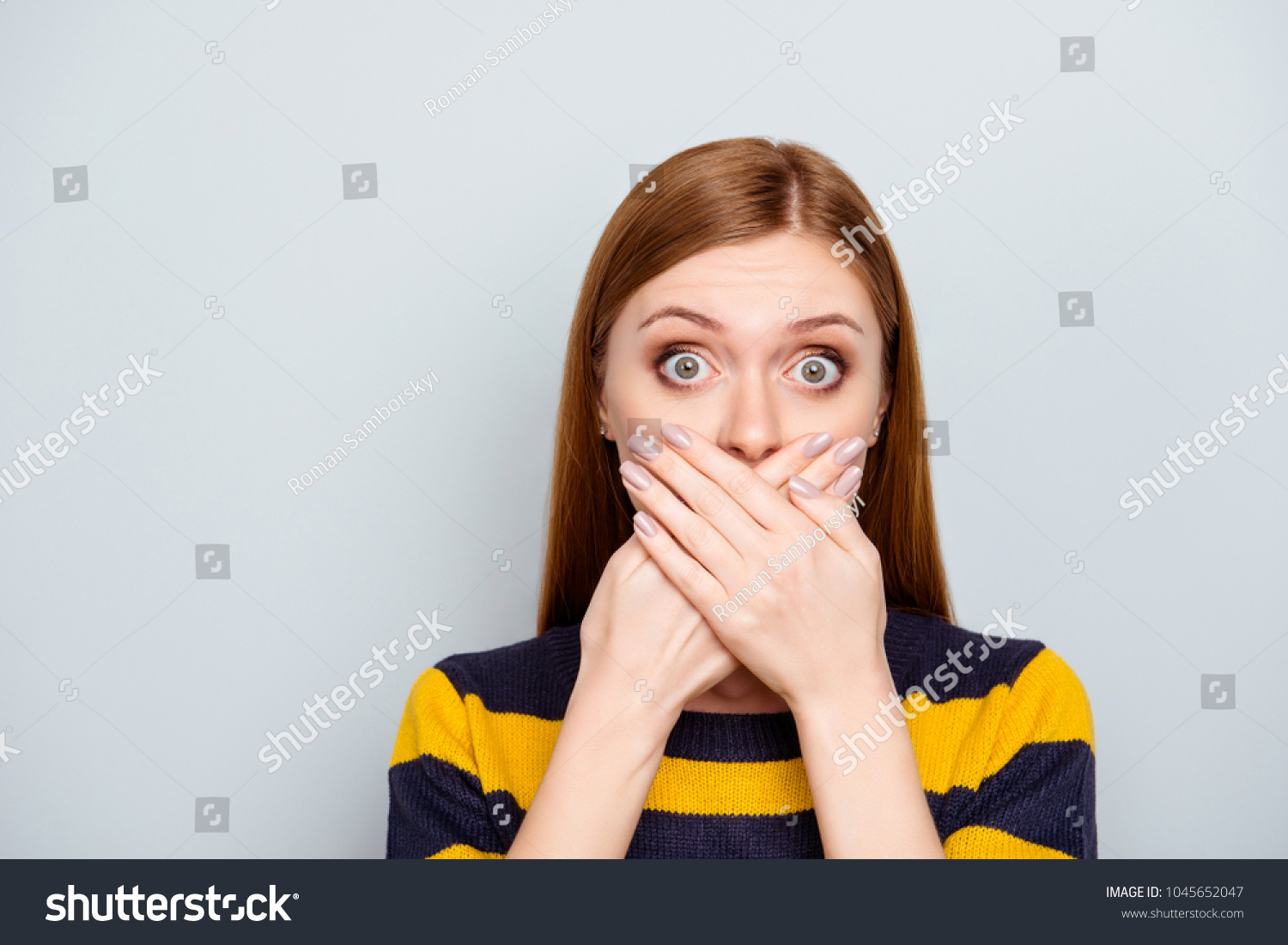 Hush scared business people coughing big pop-eyed fashion concept. Close up portrait of pretty cute terrified frightened mute silent manager model with palms over mouth isolated gray background #1045652047