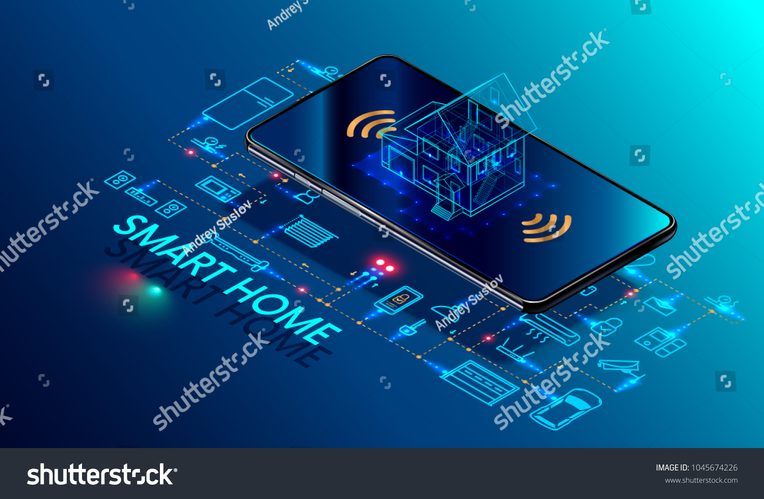 Smart home controlled smartphone. Internet of things technology of home automation system. Small house standing on screen mobile phone and wireless connections with icons home electronics devices. iot #1045674226