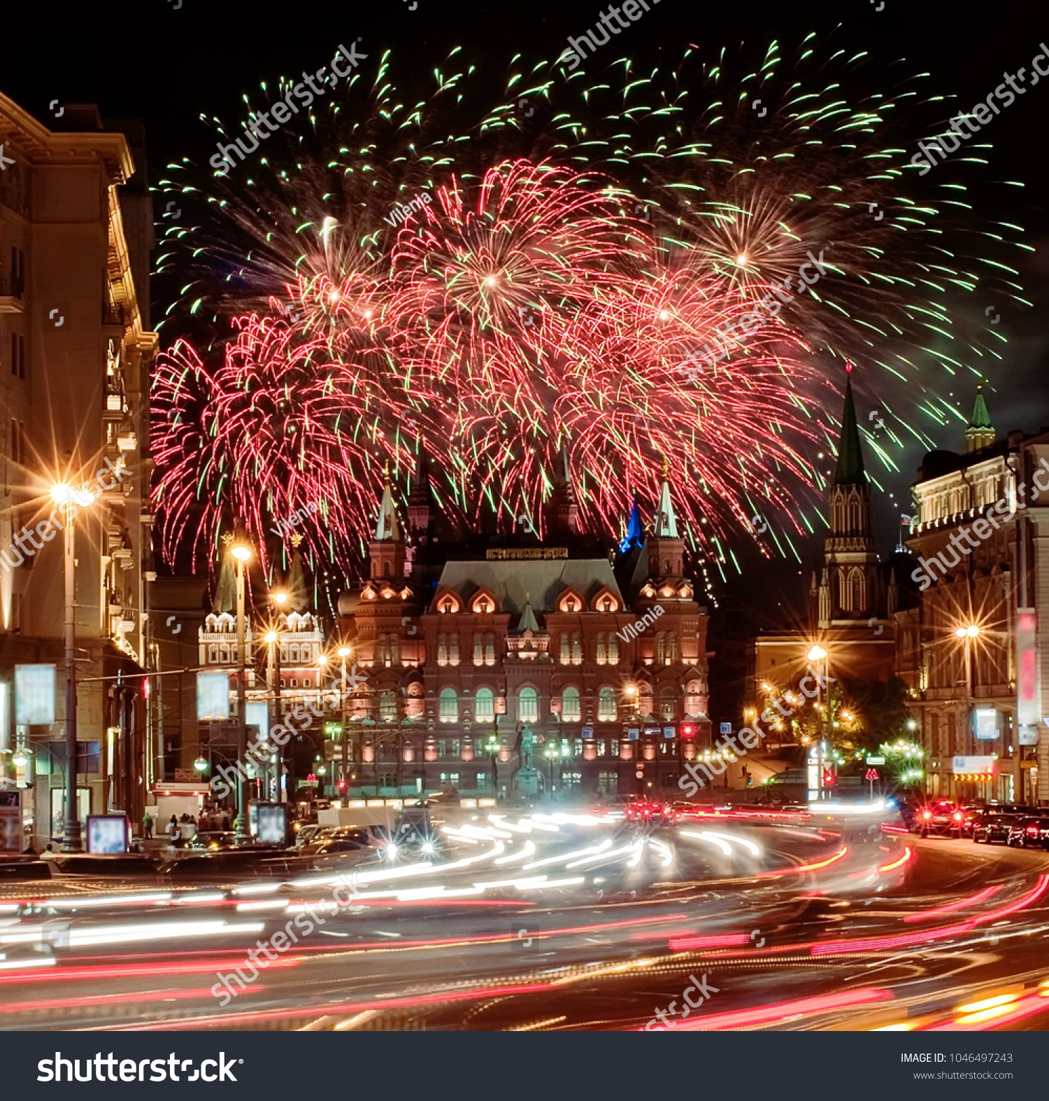 The scenic summer fireworks during the  International Military Tattoo Music Festival "Spasskaya Tower" in Moscow, Russia. View from Tverskaya street. #1046497243