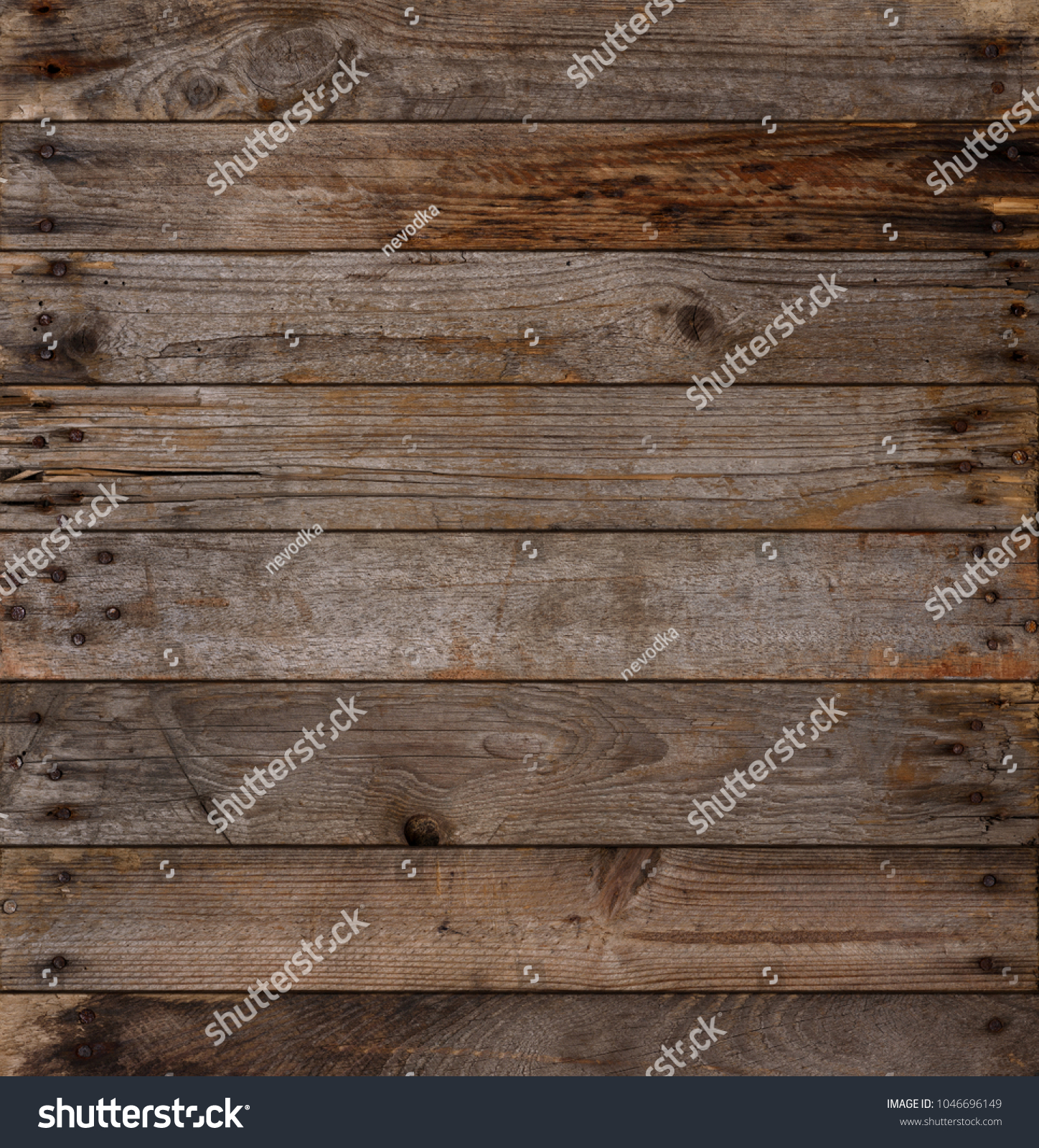 Wooden planks texture background, weathered, with rusty nails, top view, sharp and highly detailed. #1046696149