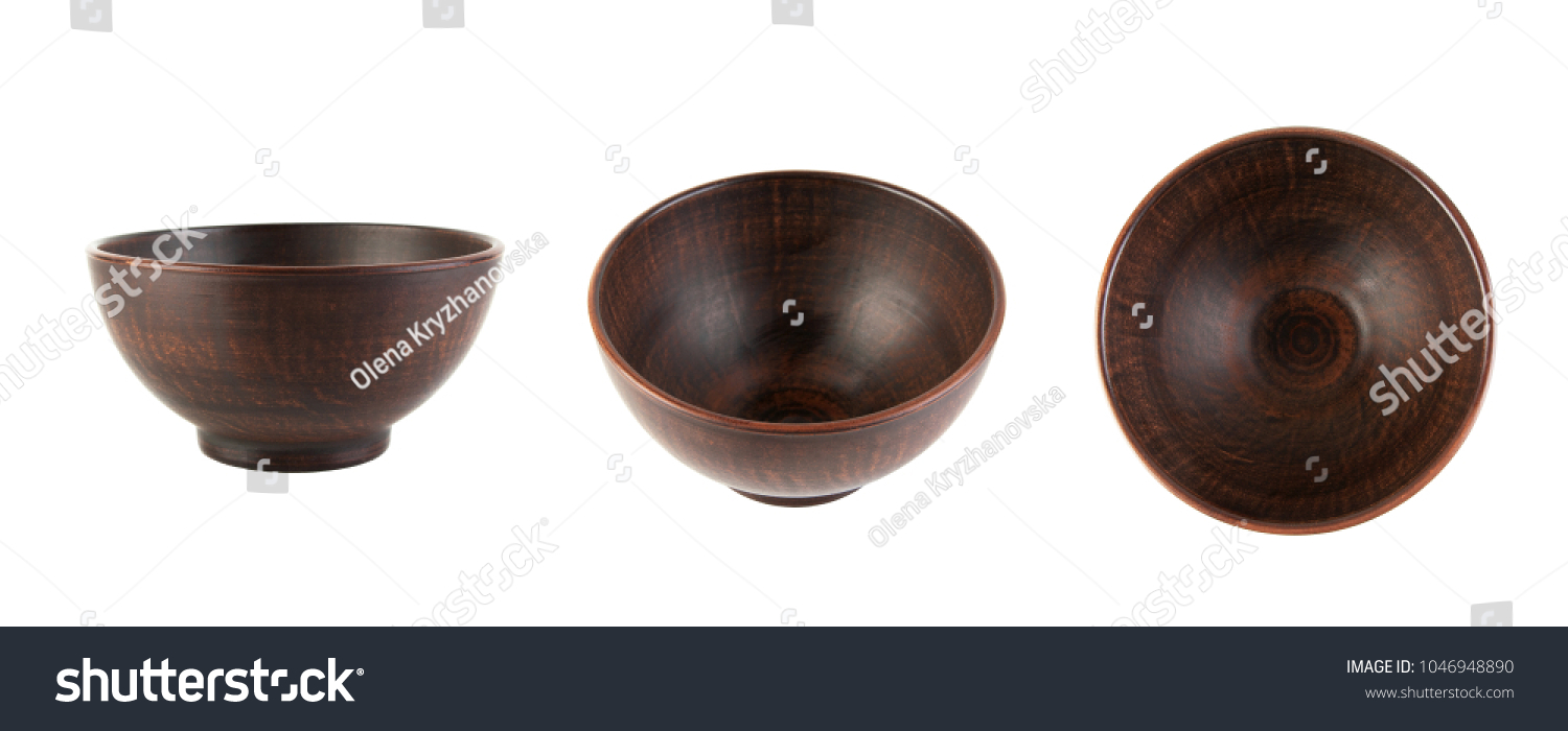 Brown ceramic bowl isolated on white. View from side and from top #1046948890