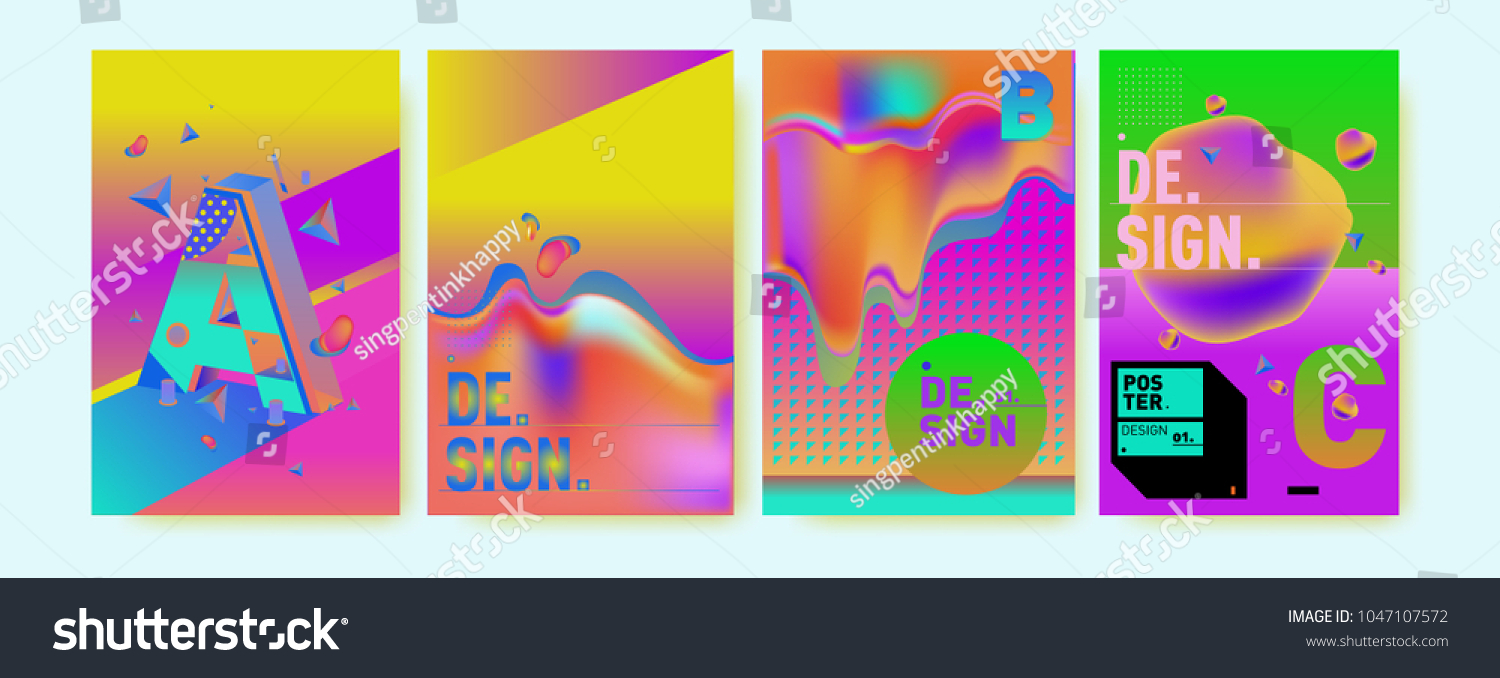 Abstract liquid and geometric colorful background poster and cover design. Blue, yellow, red, orange, pink and green. Vector alphabet poster template in Eps10. #1047107572