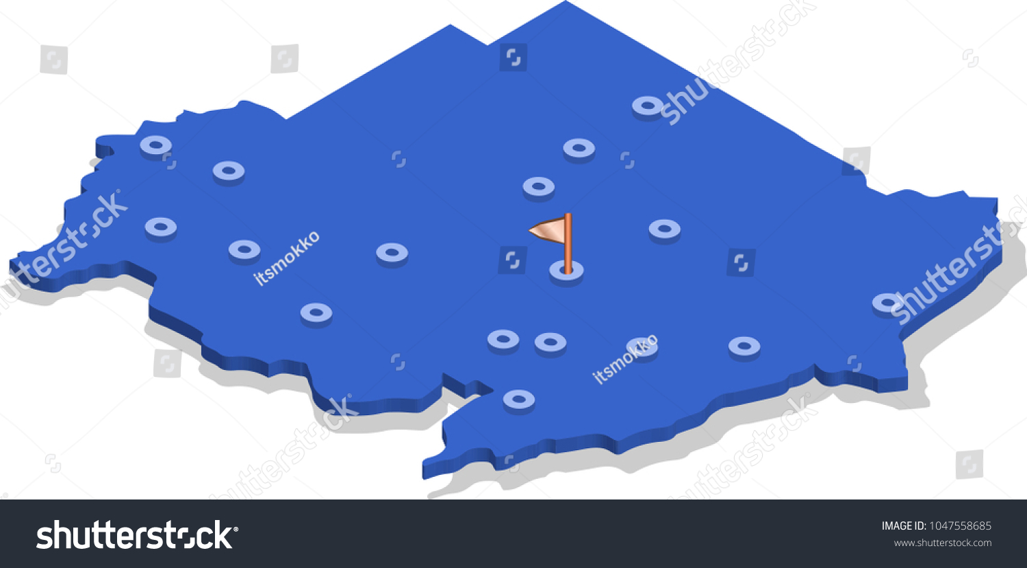 3d isometric view map of Sudan with blue surface and cities. Isolated, white background #1047558685
