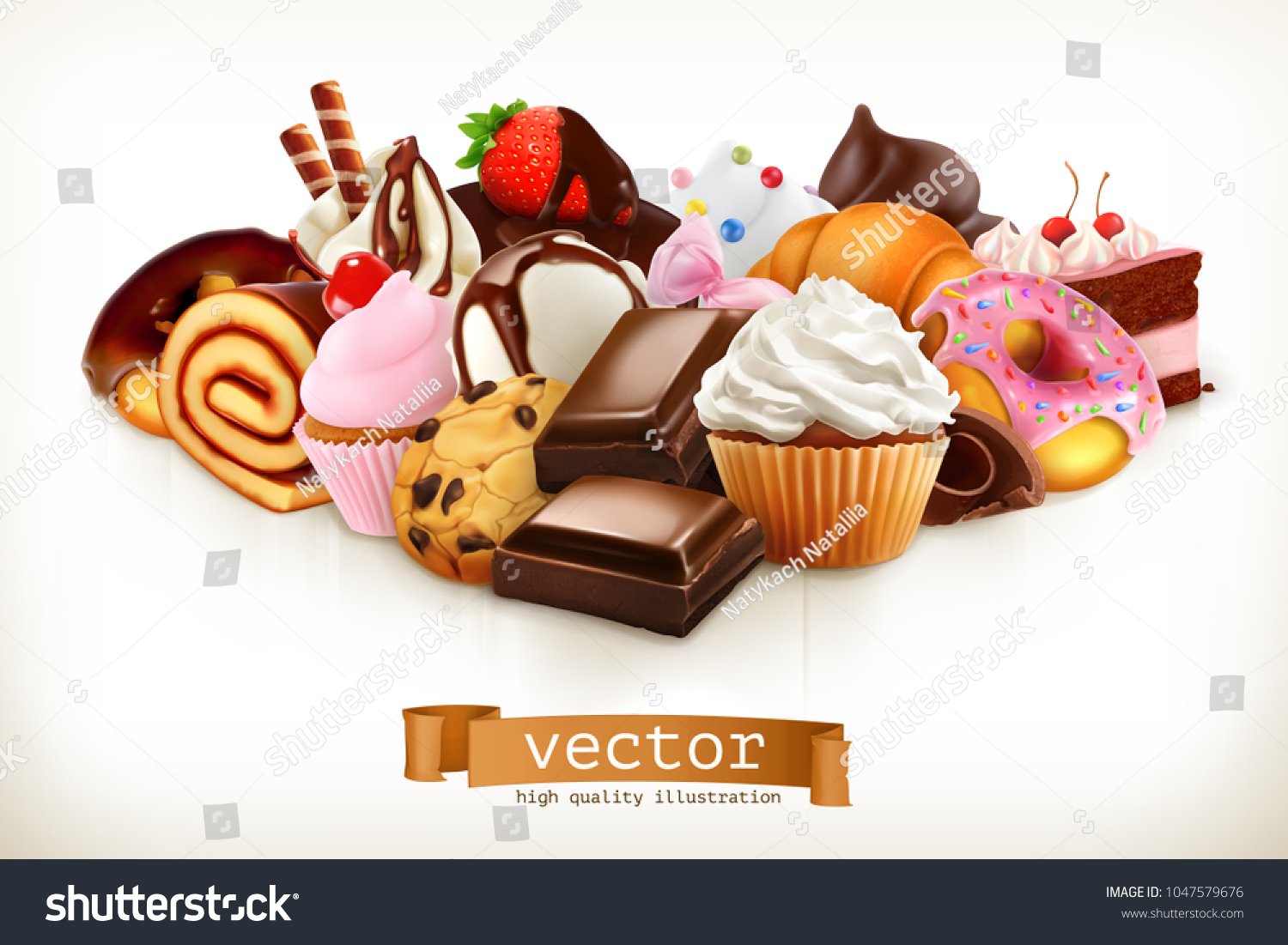 Confectionery. Chocolate, cakes, cupcakes, donuts. 3d realistic vector