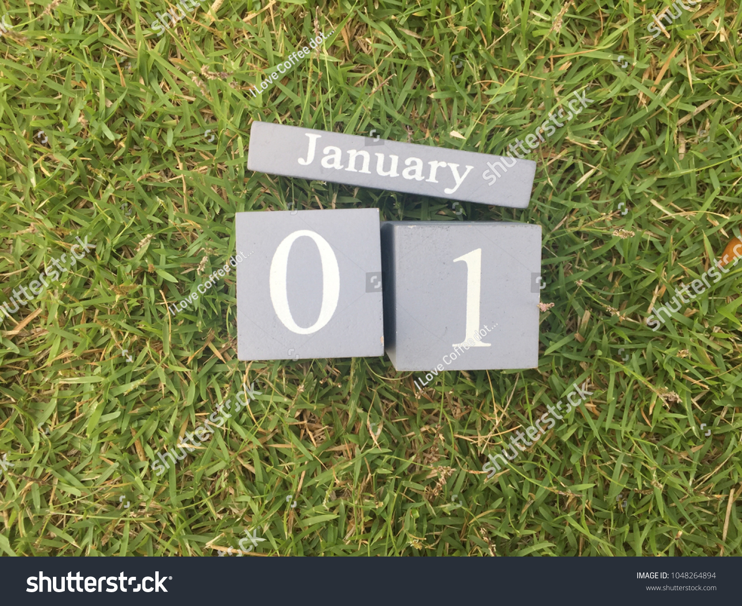 January 1st. January 1 retro wooden calendar on green grass natural background.Concept for new year and copy space your text design. #1048264894
