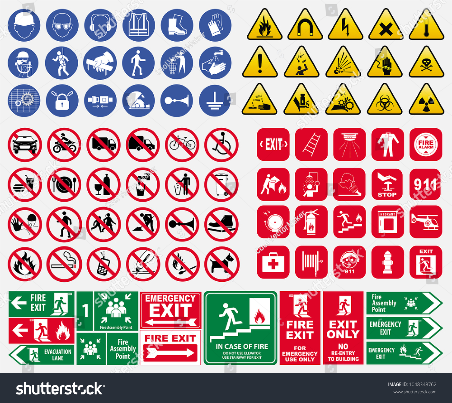set of mandatory sign, hazard sign, prohibited sign, fire emergency sign. for sticker, posters, and other material printing.  #1048348762