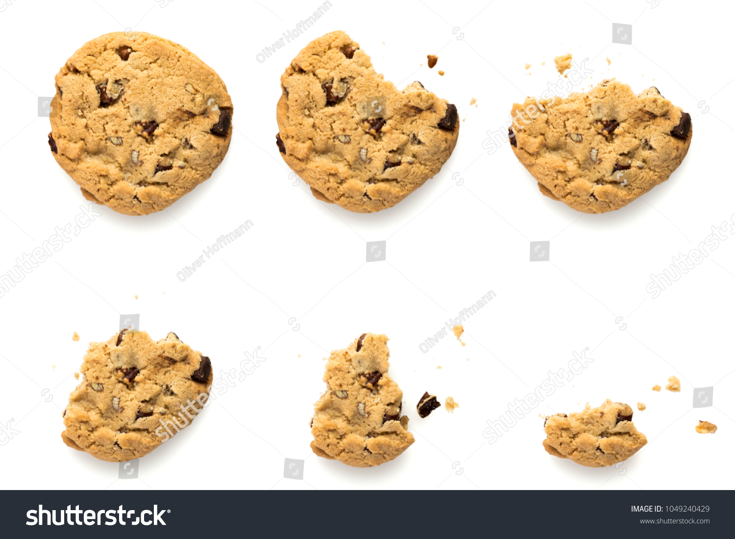 Six steps of chocolate chip cookie with pecan nuts being devoured. Sequence isolated on white background. #1049240429
