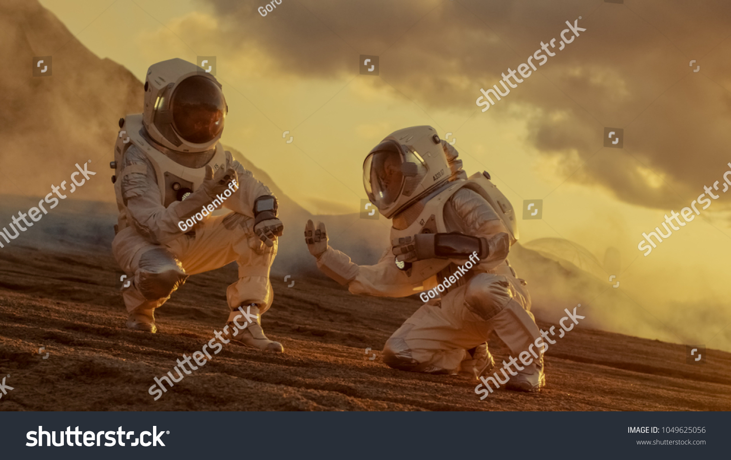 Two Astronauts Collect Soils Samples on Alien Planet, Analyzing Them with Hands Computer. Mars/ Red Planet Manned Expedition. #1049625056