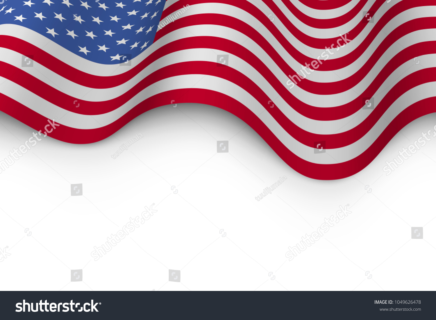 Wavy Flag of United States of America with Shadow. USA Flag Background with white Copy Space. Vector Illustration. #1049626478