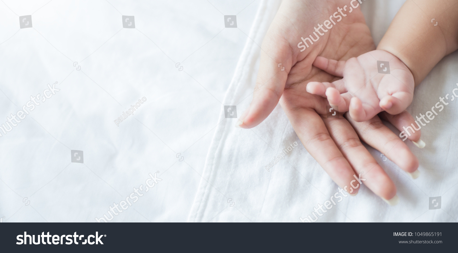 Asian parent hands holding newborn baby fingers, Close up mother's hand holding their new born baby. Love family day, healthcare and medical body part father's day concept panoramic banner #1049865191