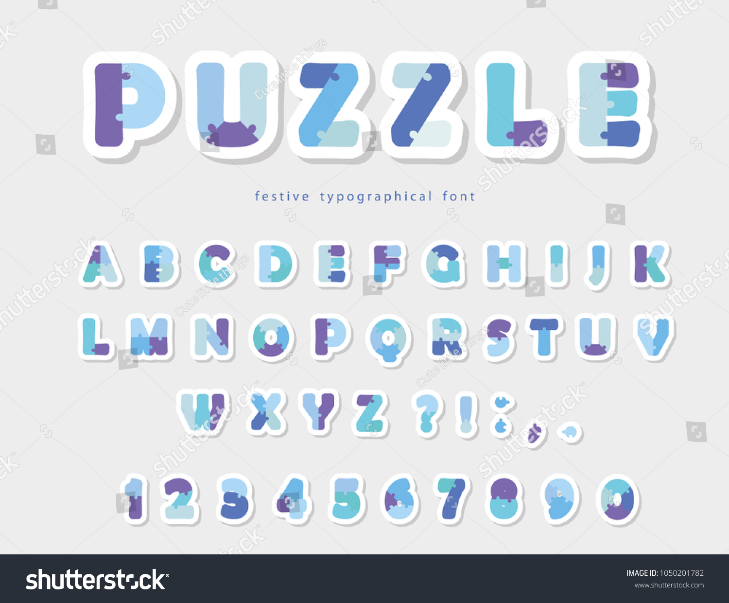Puzzle paper cut out font in blue colors.  Vector #1050201782