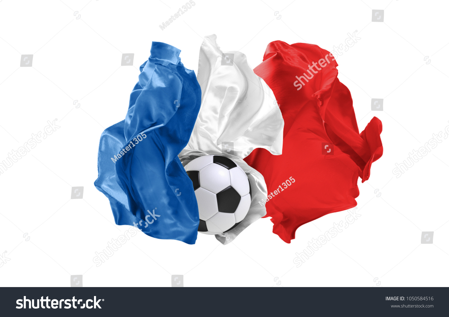 The national flag of France. . Flag made of fabric. Football and soccer concept. Fans concept. Soccer ball with fabric. Isolated on white background. Flying flag. #1050584516