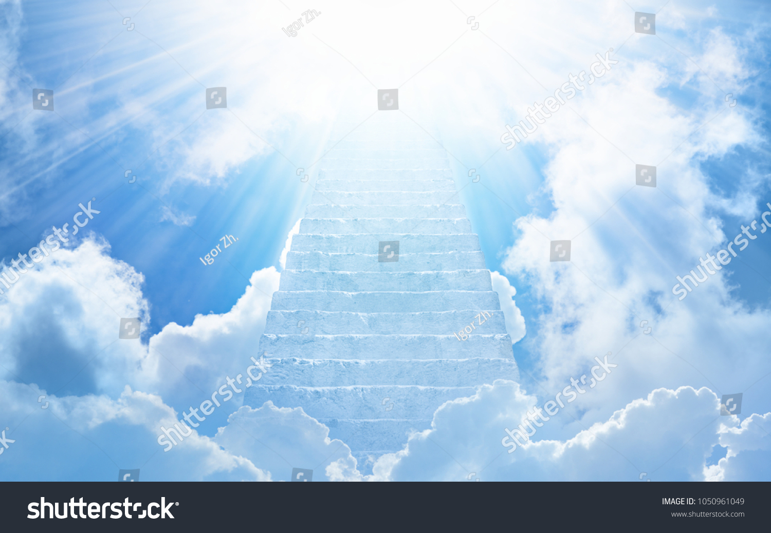Beautiful religious background - stairs to heaven, bright light from heaven, stairway leading up to skies #1050961049