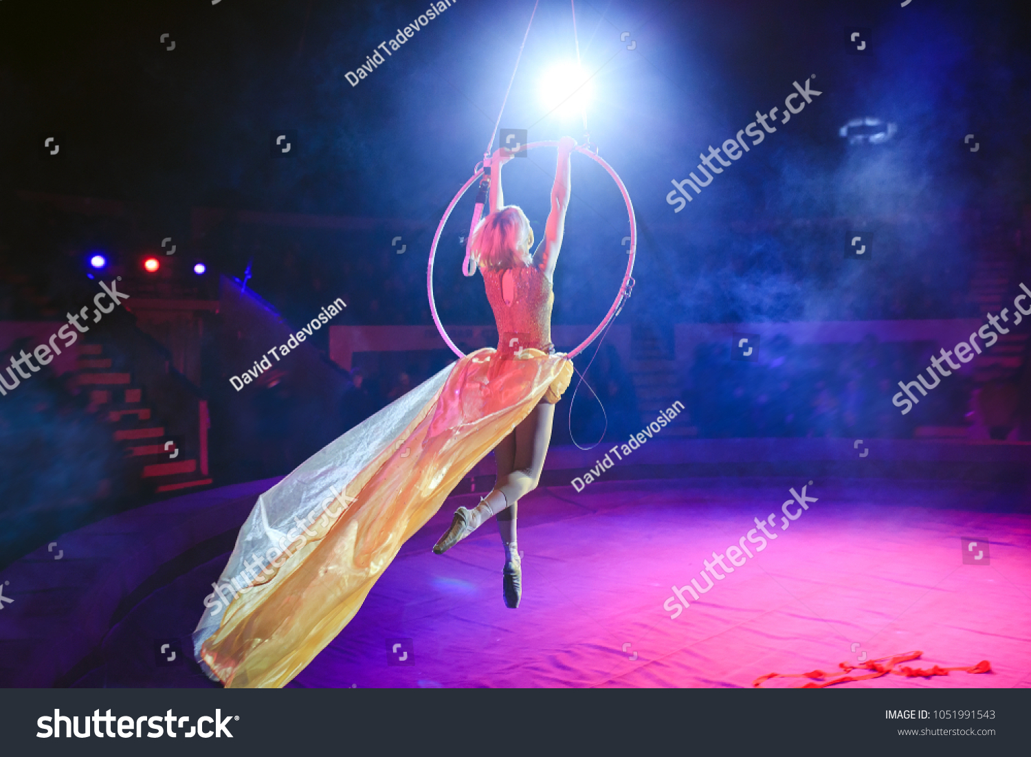 Aerial acrobat in the ring. A young girl performs the acrobatic elements in the air ring. #1051991543