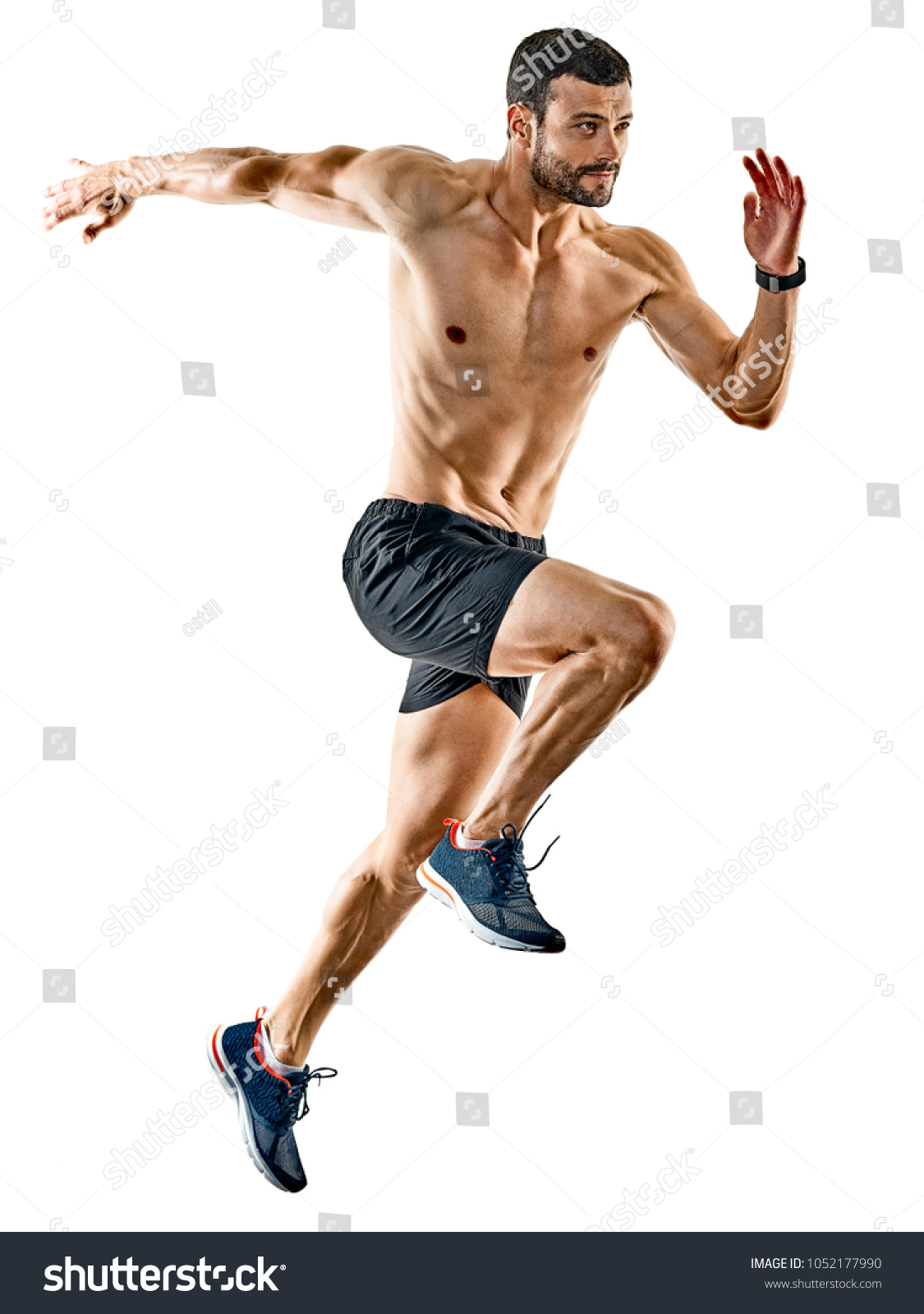 one caucasian man runner jogger running jogging isolated on white background with shadows #1052177990