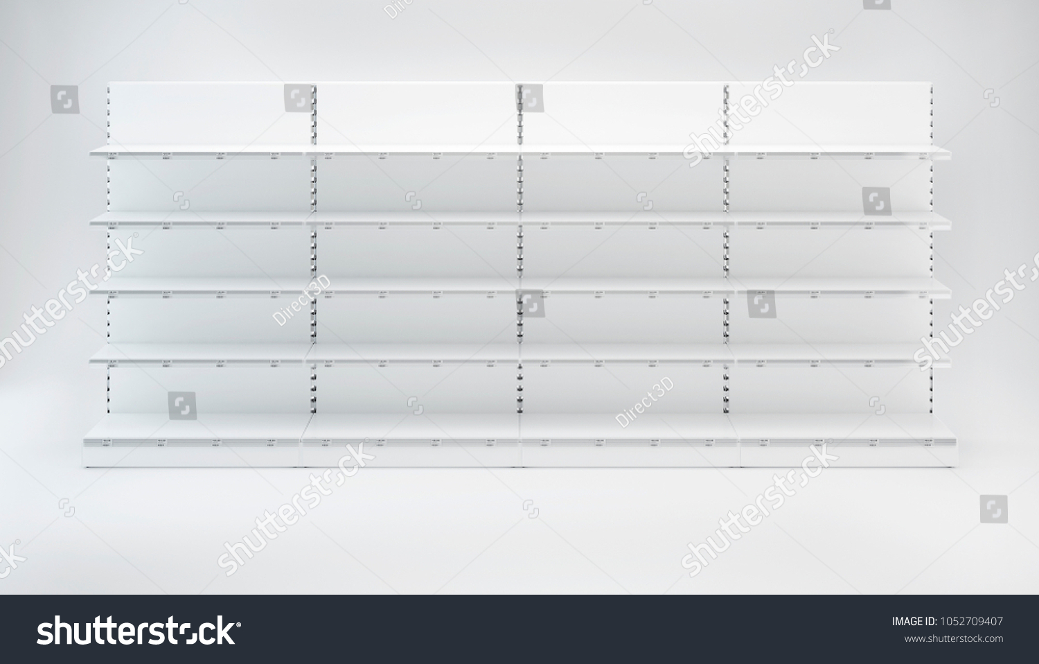 Four Supermarket Showcase Displays with Shelves staying in front view in the row on white background #1052709407